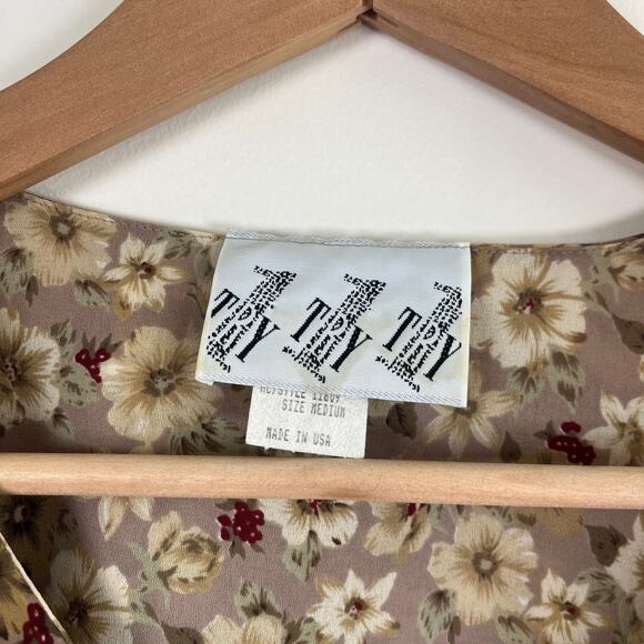 Vintage Try 1 Floral Ruffle Peasant Blouse Pearl Button Beige Brown USA Size M - Picture 3 of 11